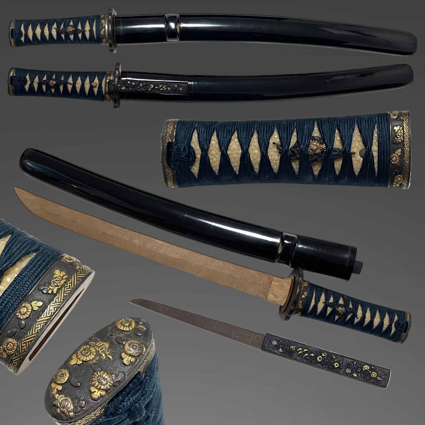 Authentic Koshirae for Tanto or Short Wakizashi, with Kozuka, Flower Fuchikshira