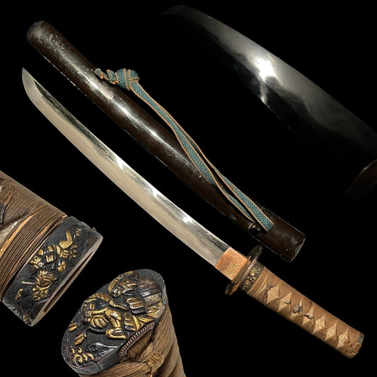 Short Wakizashi, Musha Fuchikashira 武者縁頭, Edo period mumei