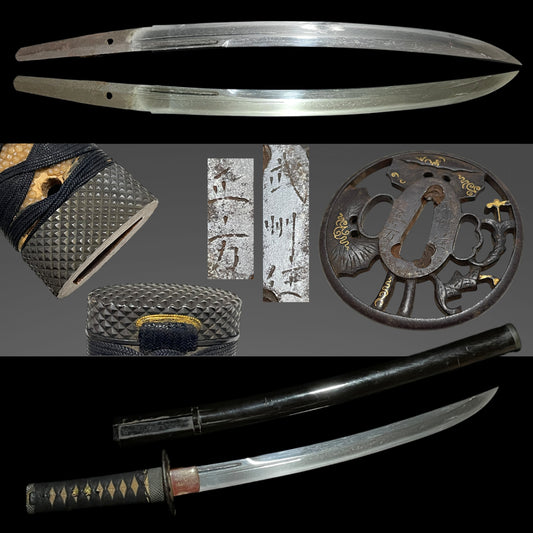 Naginata-Naoshi Zukuri 薙刀直造  Wakizashi, Oninanako Fuchikashira 鬼魚々子縁頭, Edo period