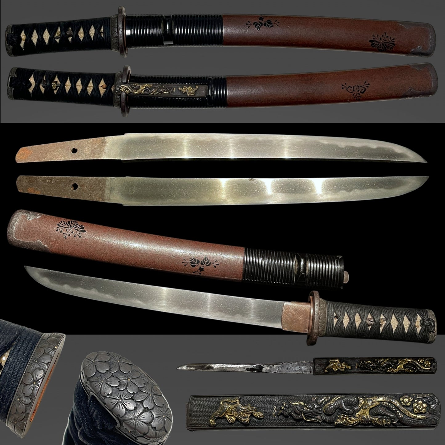 YOROIDOSHI 鎧通し TANTO, Thick Blade, Cherry blossoms Fuchikashira, Dragon and Tiger Kozuka