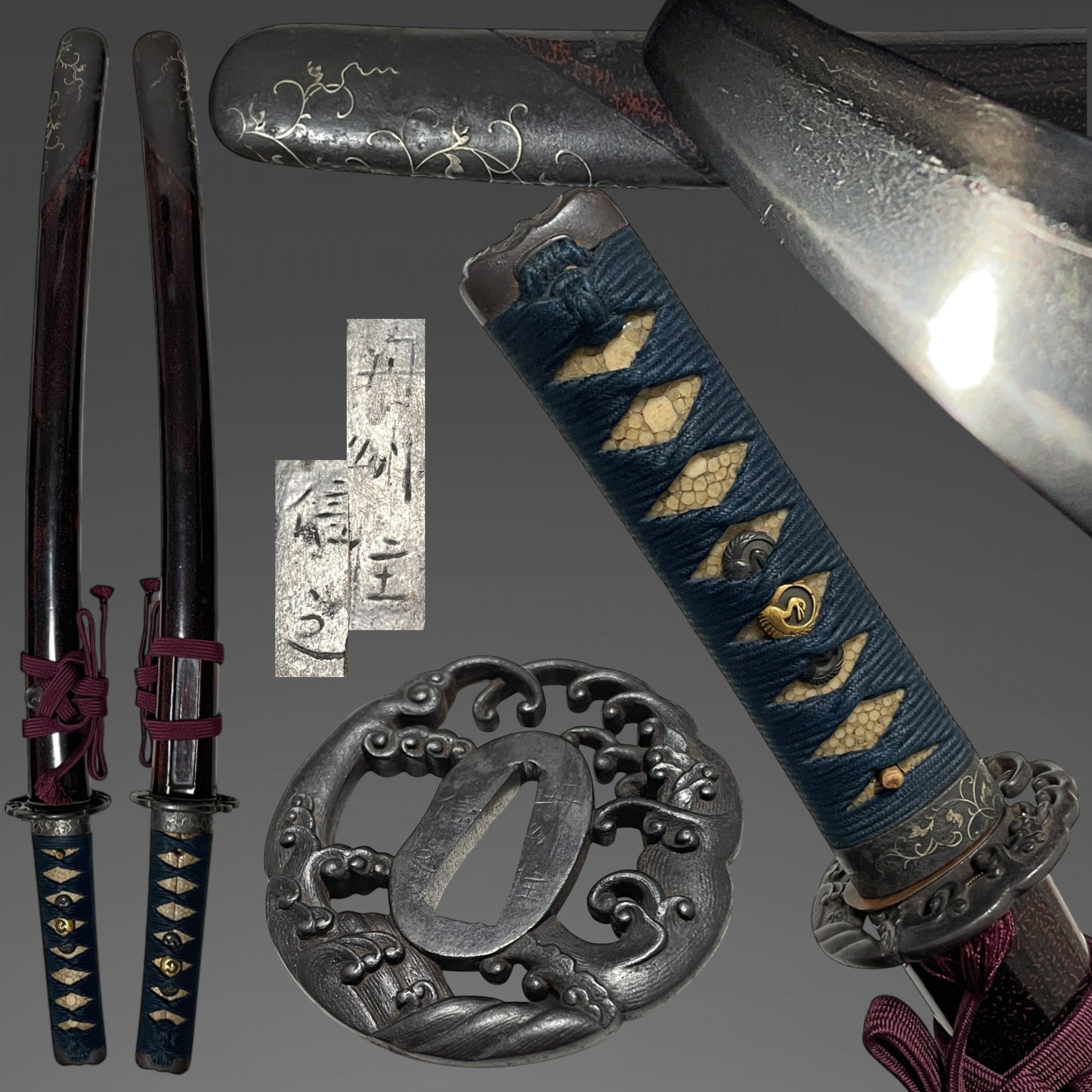 High-grade fittings Wakizashi, Tanshuju Nobuyuki signed Tsuba, Edo period mumei