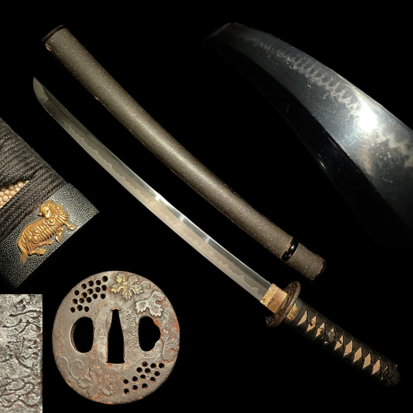 Goat Fuchi and Signed Tsuba WAKIZASHI, Tsuzumi 鼓 Menuki, Edo period mumei