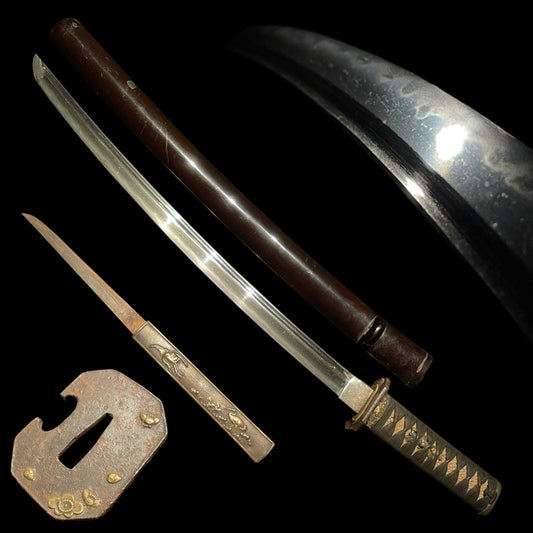 Kakinagashi-Hi 掻き流し樋 Short WAKIZASHI, Plum tsuba and Waterfowl Kozuka