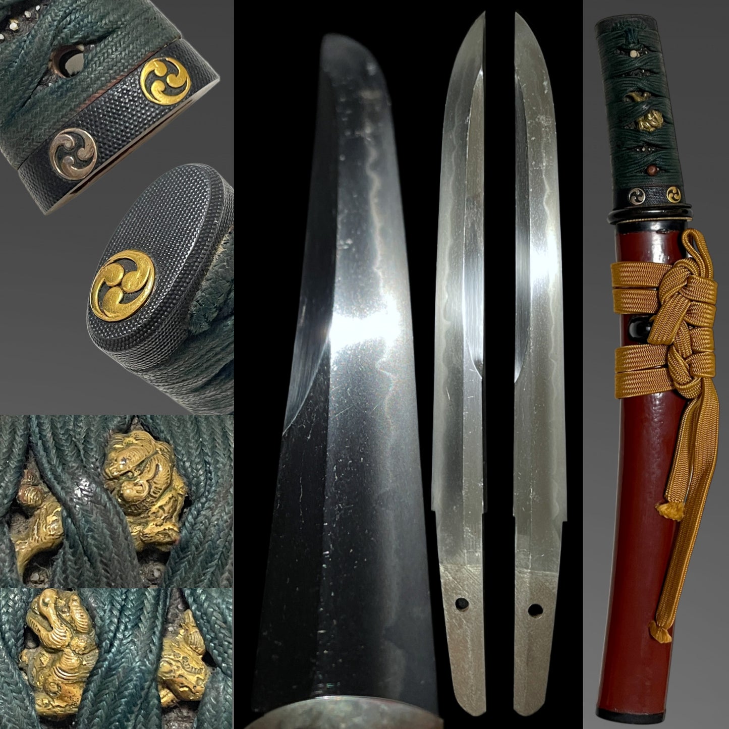 Unokubi-Zukuri 鵜首造 Red TANTO, Mitsudomoe 三つ巴 Family crest Fuchikashira, Late Edo