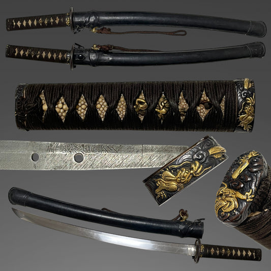 Short Navy GUNTO For Crew 搭乗員用短寸海軍刀, Dragon Fuchikashira, Heianjoju Kunitake signed