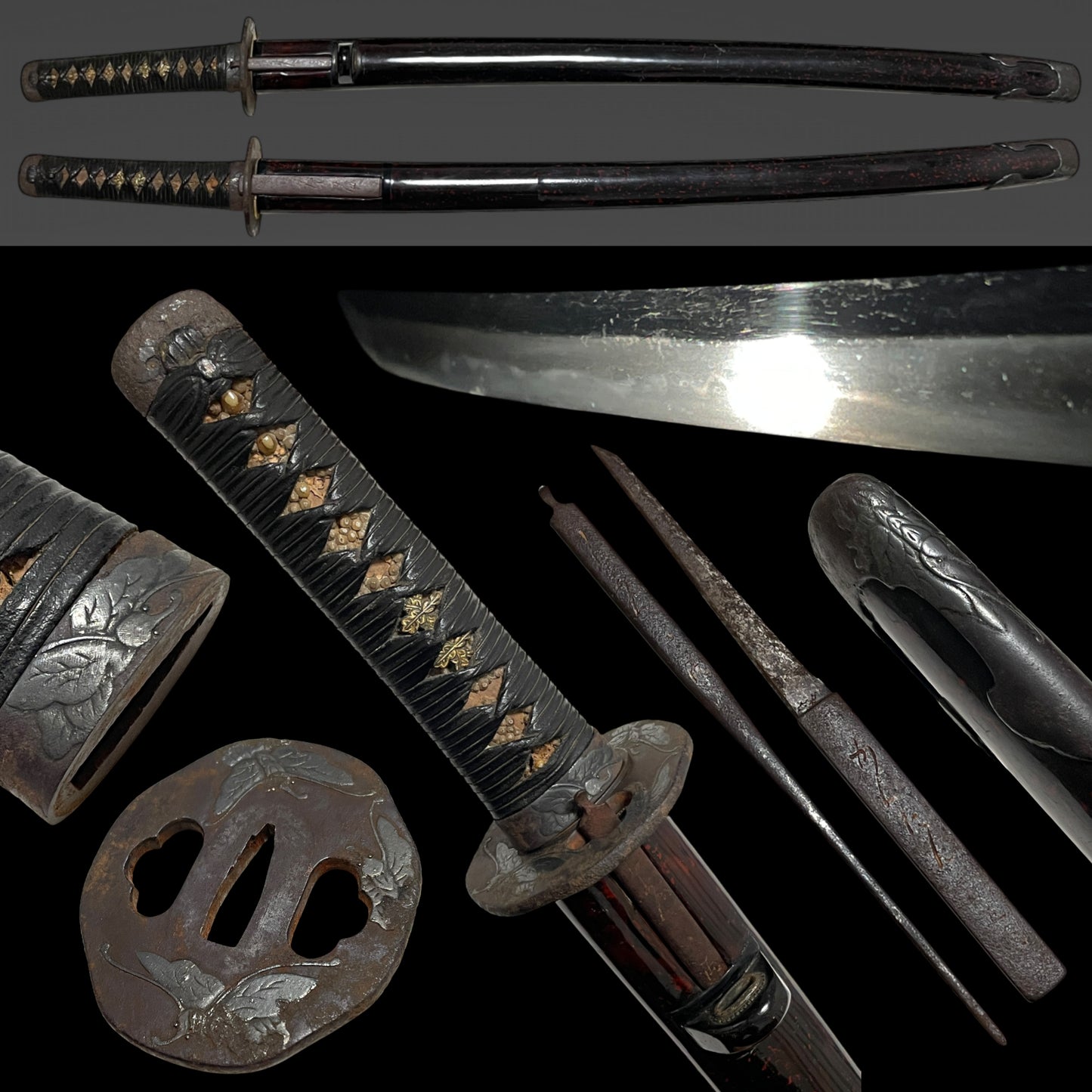 Butterfly Fittings Long Wakizashi, Kozuka Kogai, Rugged Blade, Edo period mumei