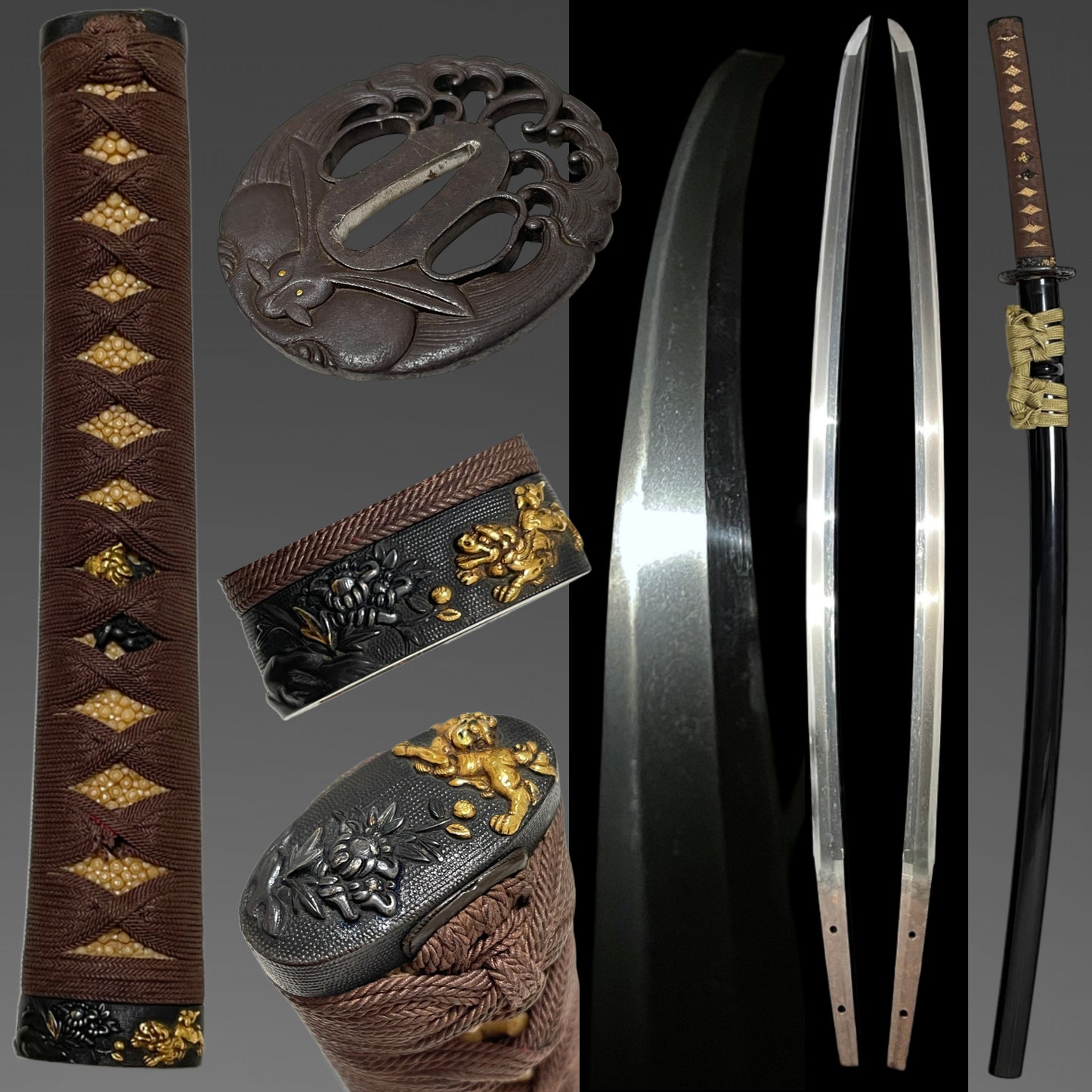 Wonderful Tsukamae Long KATANA, Wave and Rabbit Tsuba, Shishi Fuchikashira