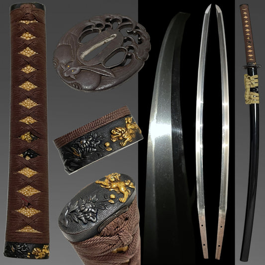 Wonderful Tsukamae Long KATANA, Wave and Rabbit Tsuba, Shishi Fuchikashira