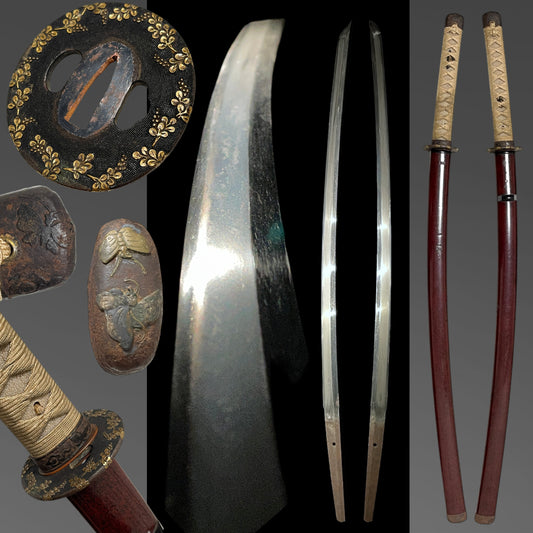 Butterfly Fittings Red Katana, Shakudo Flower Tsuba, Edo period mumei