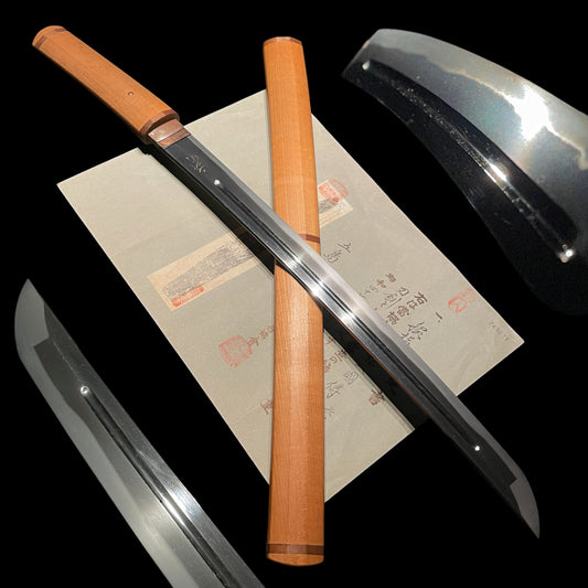 Kunitoshi 国俦 Very Wide Wakizashi, Bonji Horimono 梵字彫物, Edo period, NBTHK Certificate