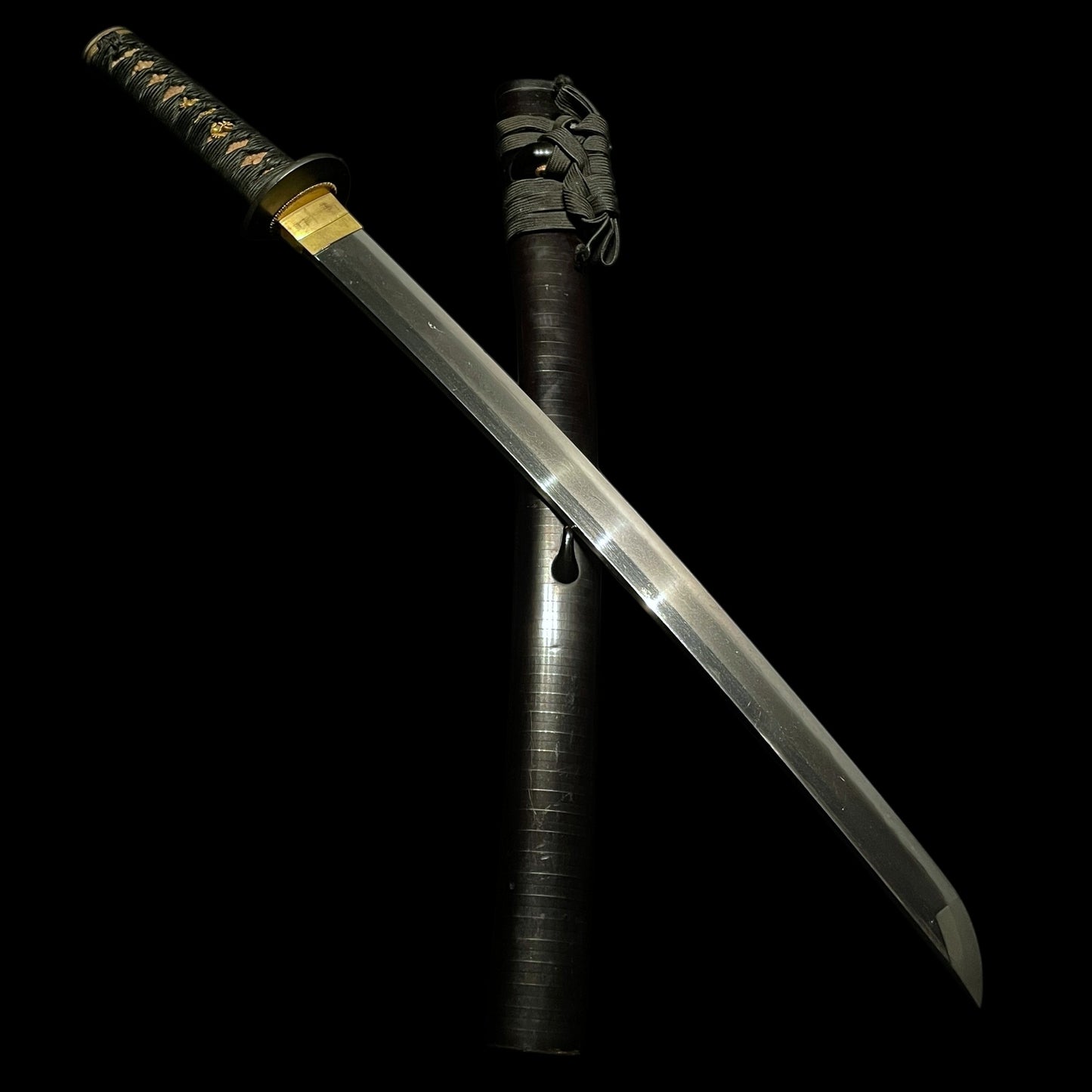 Hou 伯 signed WAKIZASHI, Raimon 雷紋 Kashira, Fuemaki-Zaya 笛巻鞘, Edo period