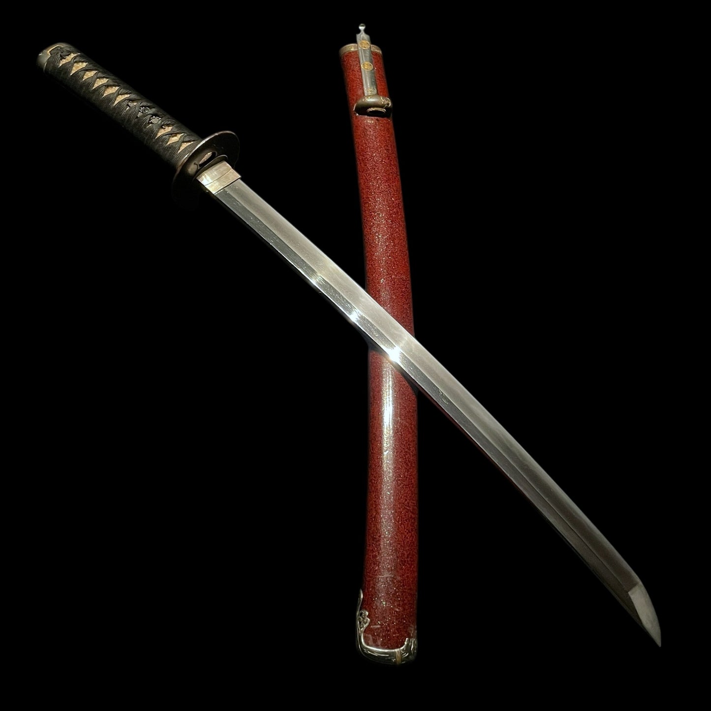 Red Wakizashi Shibuichi Fittings 四分一金具, Signed Fuchi, with Kozuka Kogai,  Edo