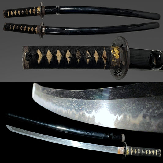 Gold inlay Flowers and plants FUCHI, Black Wakizashi, Edo period mumei