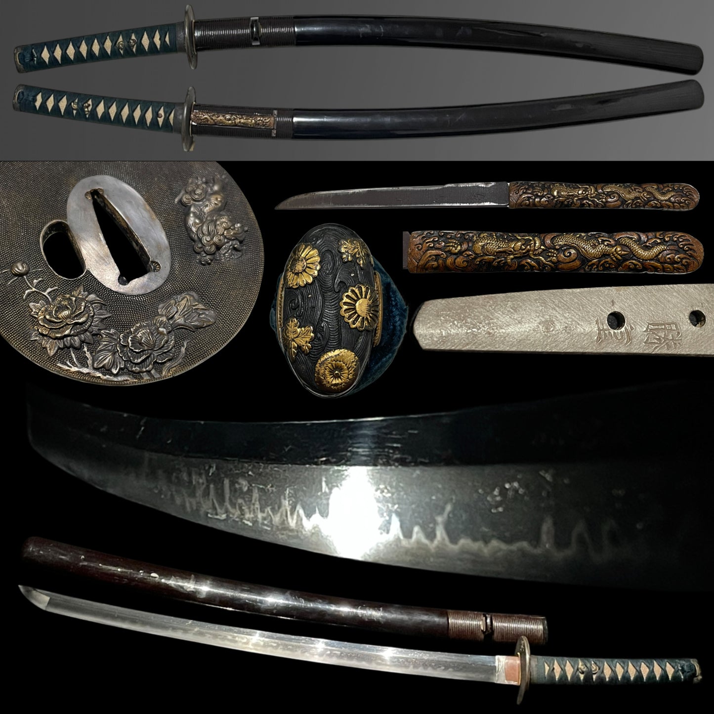 Katsushige 勝重 signed Long Wakizashi, Botanjishi Tsuba, Dragon Kozuka, Edo period