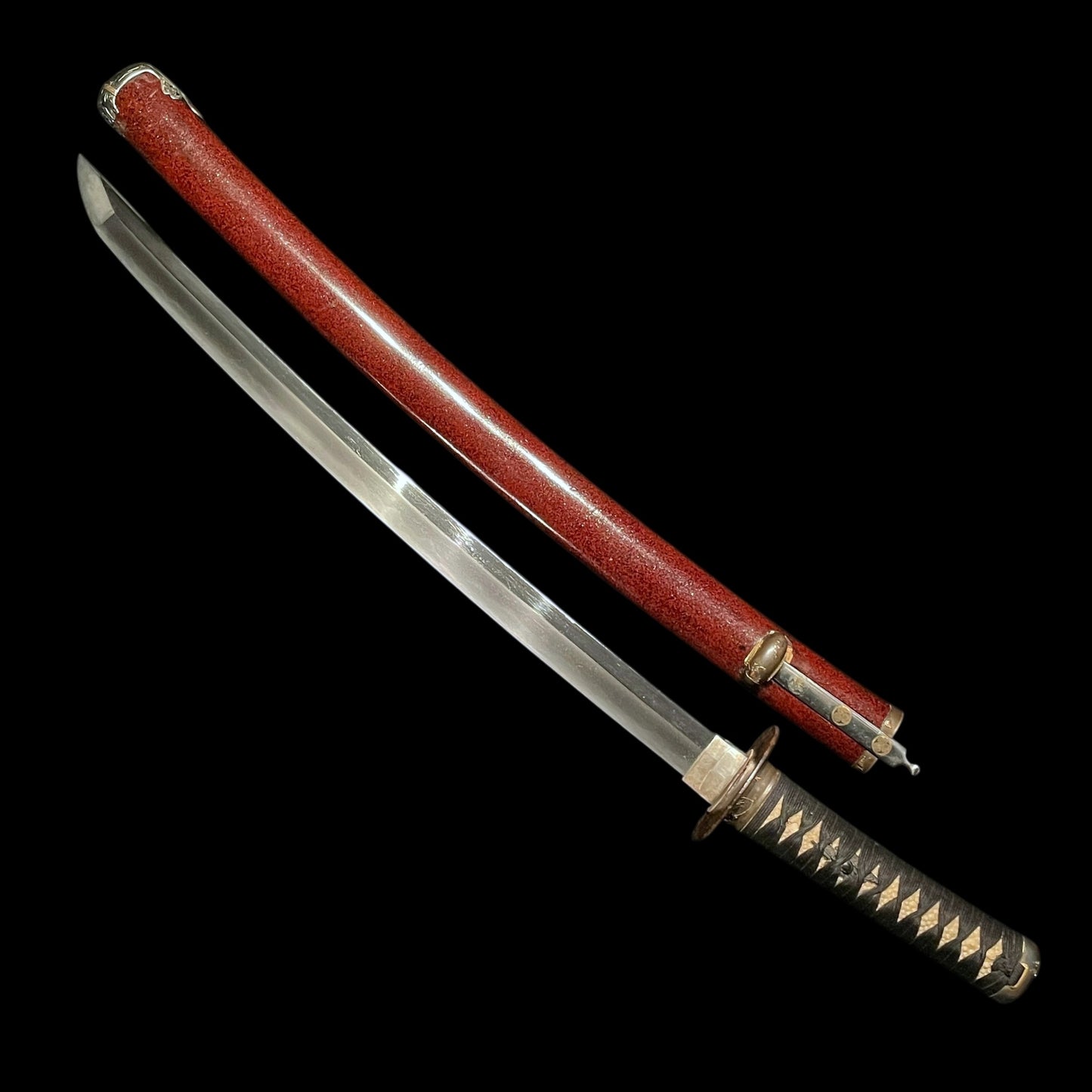 Red Wakizashi Shibuichi Fittings 四分一金具, Signed Fuchi, with Kozuka Kogai,  Edo