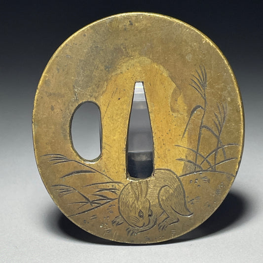 Autumn scene Rabbit and Pampas grass TSUBA, Edo period, Brass back