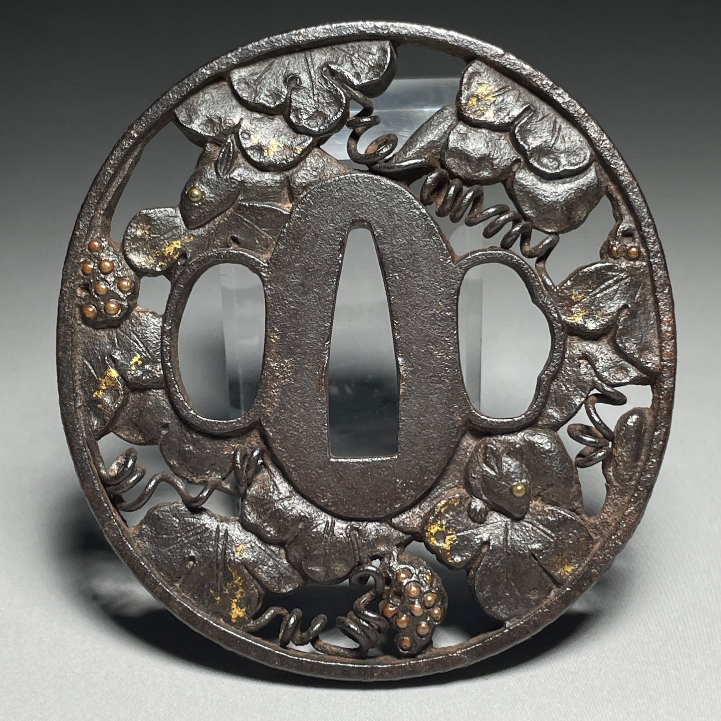 Grapevine and Squirrel Sukashi TSUBA, Iron back, Edo period