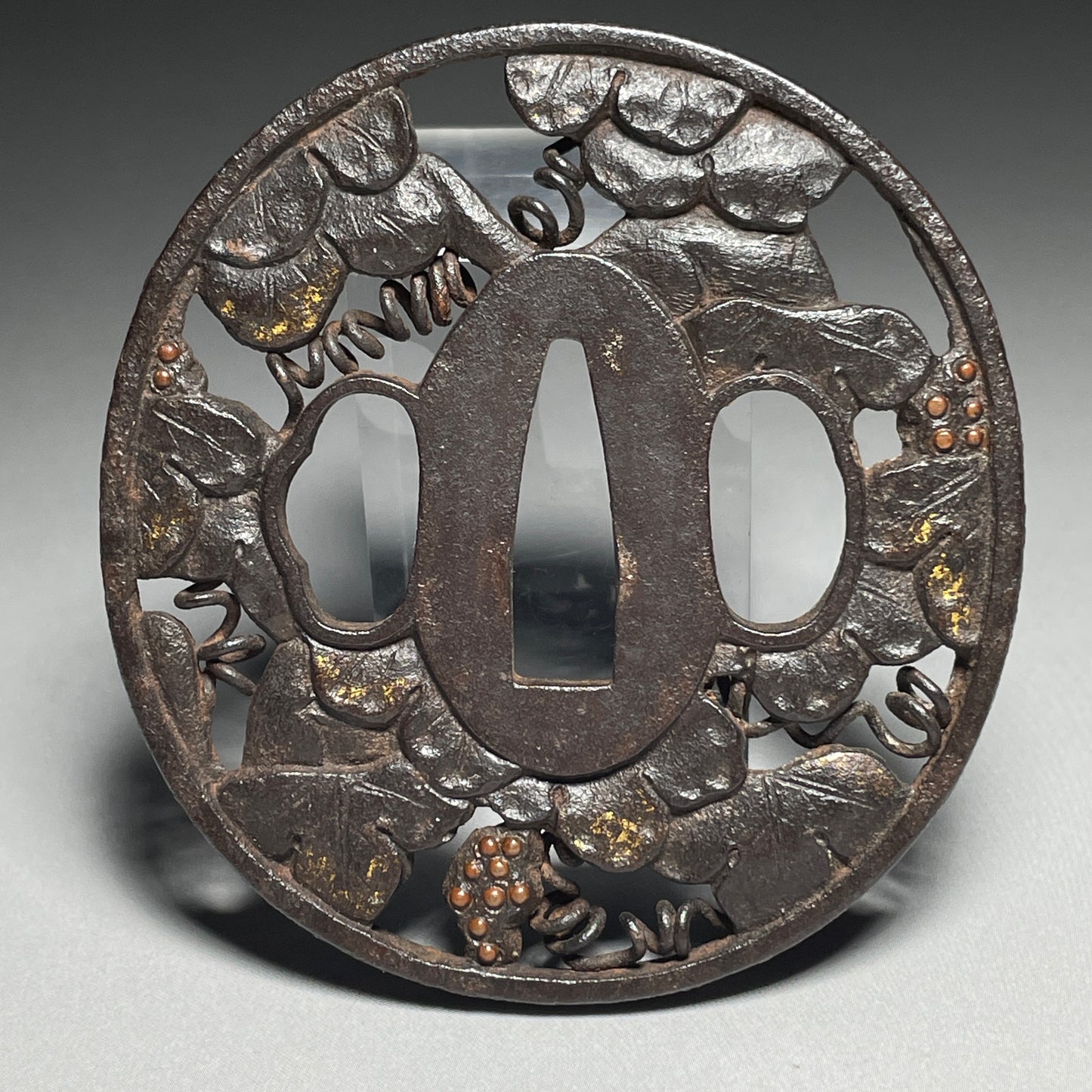 Grapevine and Squirrel Sukashi TSUBA, Iron back, Edo period