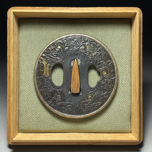 Shakudo Sanmai Kagamishi TSUBA, Silver Kikumon Fukurin, with BOX