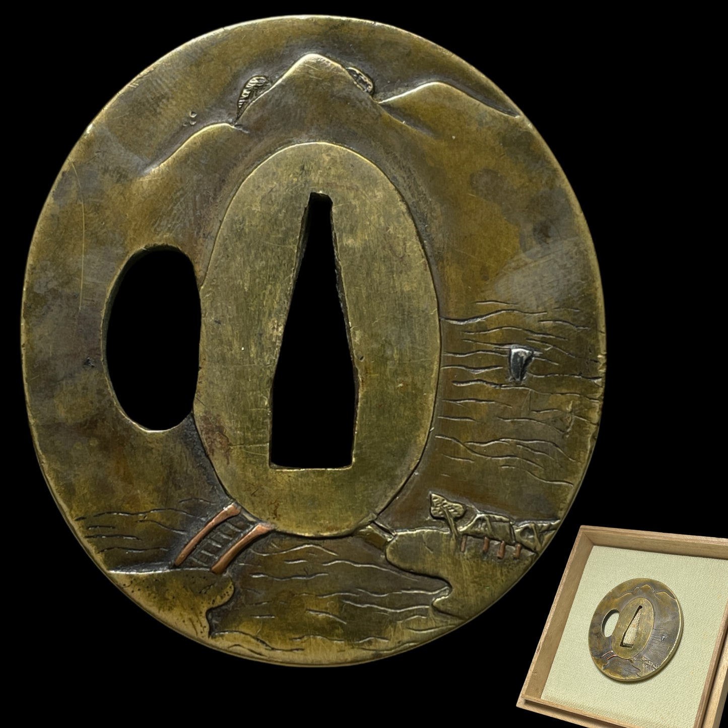 真鍮地風景図鍔 Landscape Brass TSUBA, Edo period, 61x55x4.4mm 88g