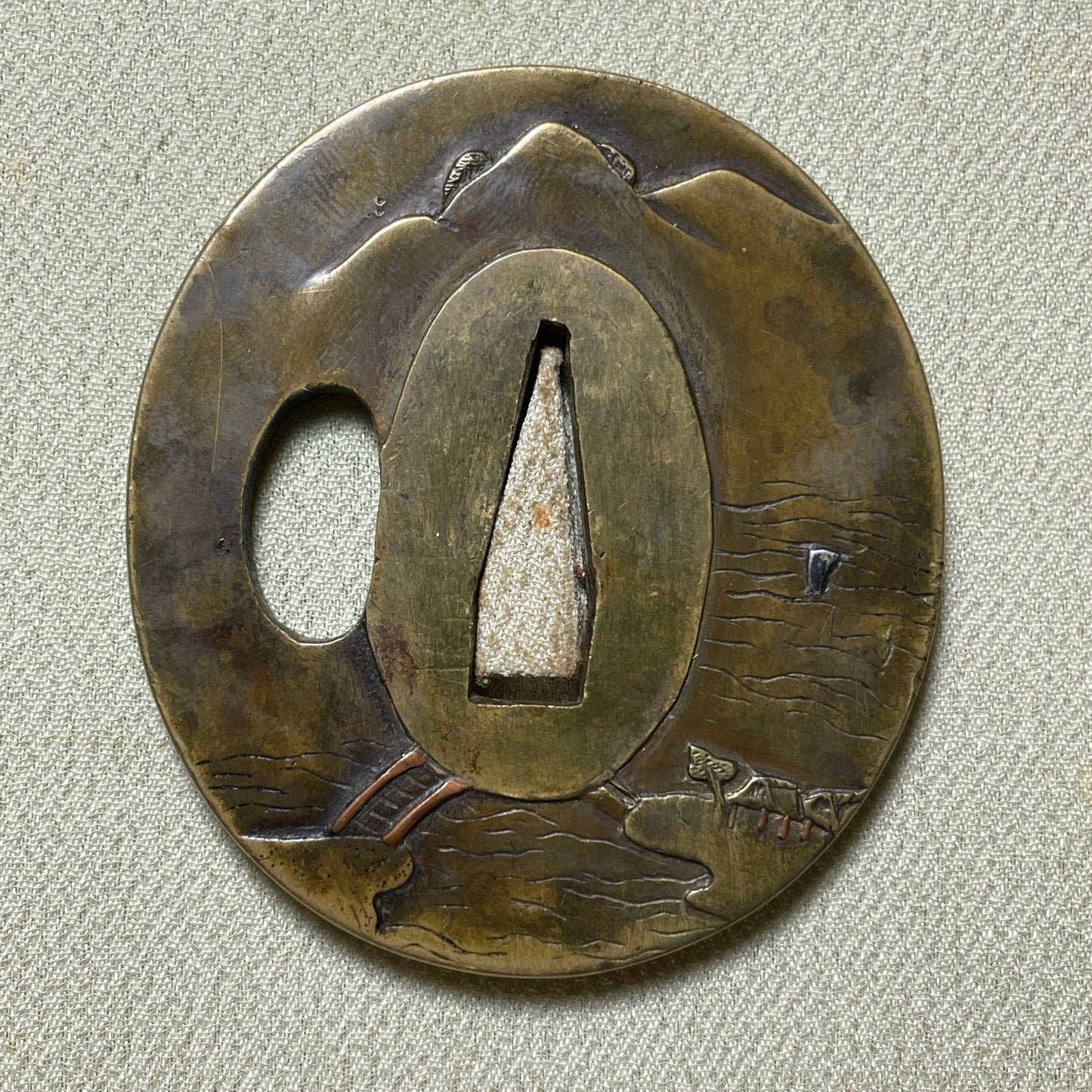 真鍮地風景図鍔 Landscape Brass TSUBA, Edo period, 61x55x4.4mm 88g