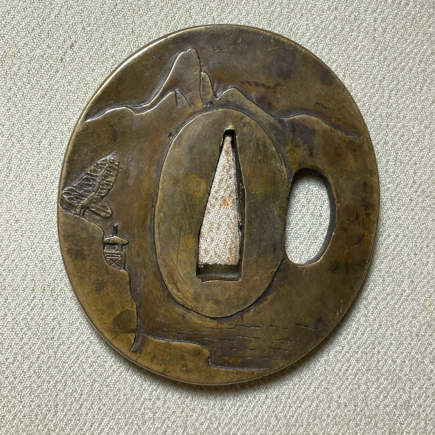 真鍮地風景図鍔 Landscape Brass TSUBA, Edo period, 61x55x4.4mm 88g