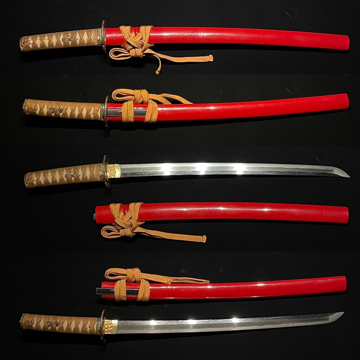 Red WAKIZASHI with Kozuka, 来國 signed, Samurai Fuchikashira