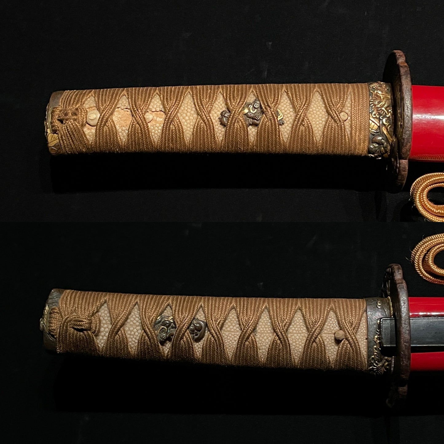 Red WAKIZASHI with Kozuka, 来國 signed, Samurai Fuchikashira