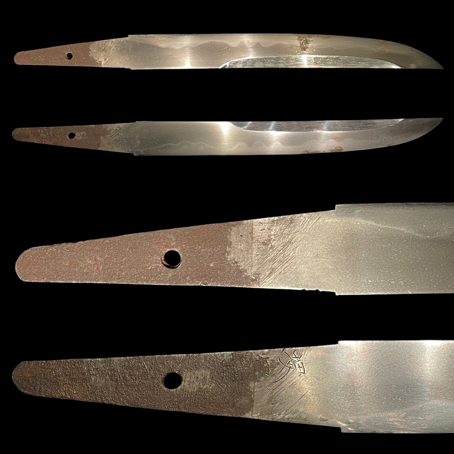 Unokubi TANTO, Mino style Mantis Fuchikashira, 堺包重鶴田新蔵 signed, Hanaguruma Tsuba