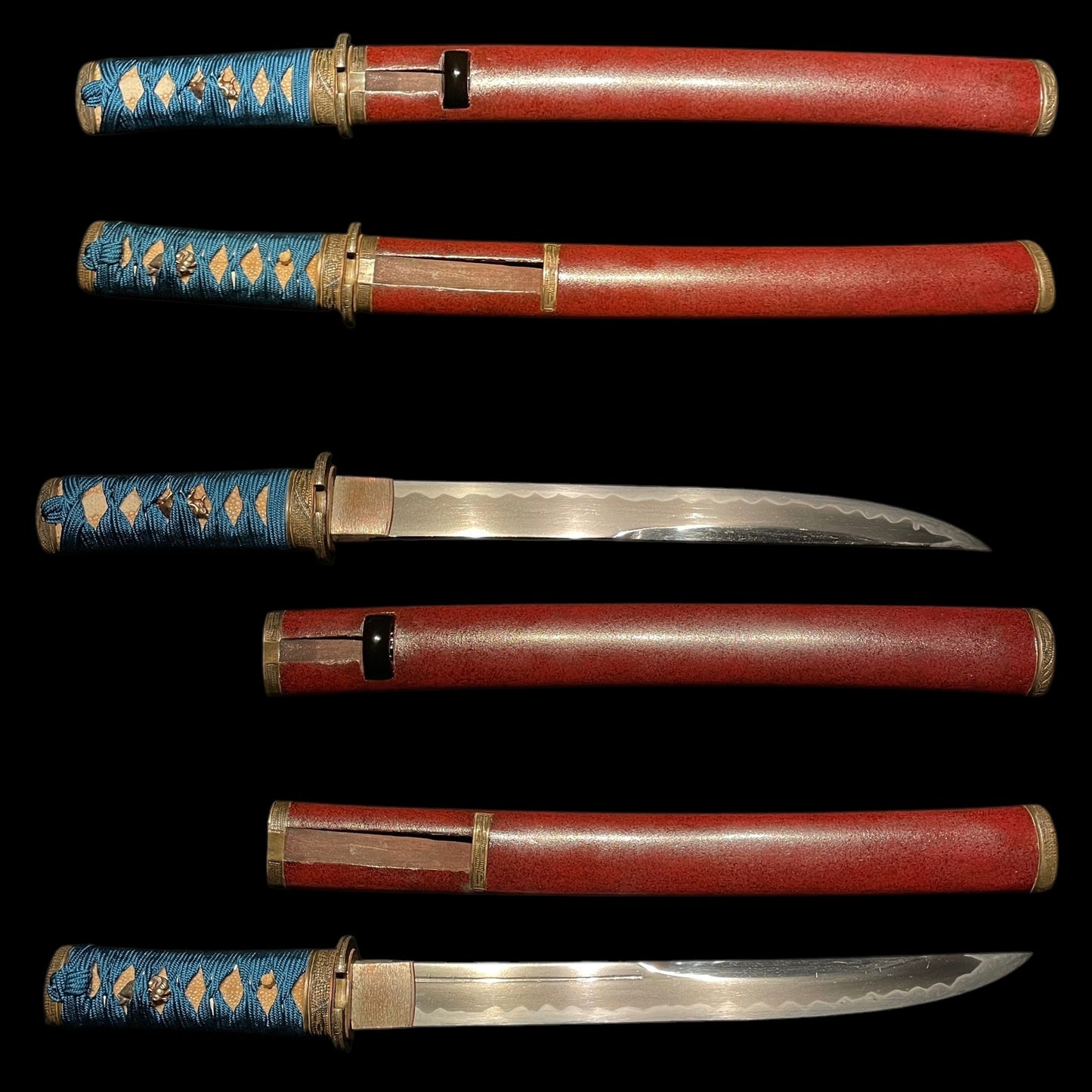 Matsushiro Koshirae 松代拵 Red TANTO, Brass Fittings 真鍮一作金具, Edo period mumei