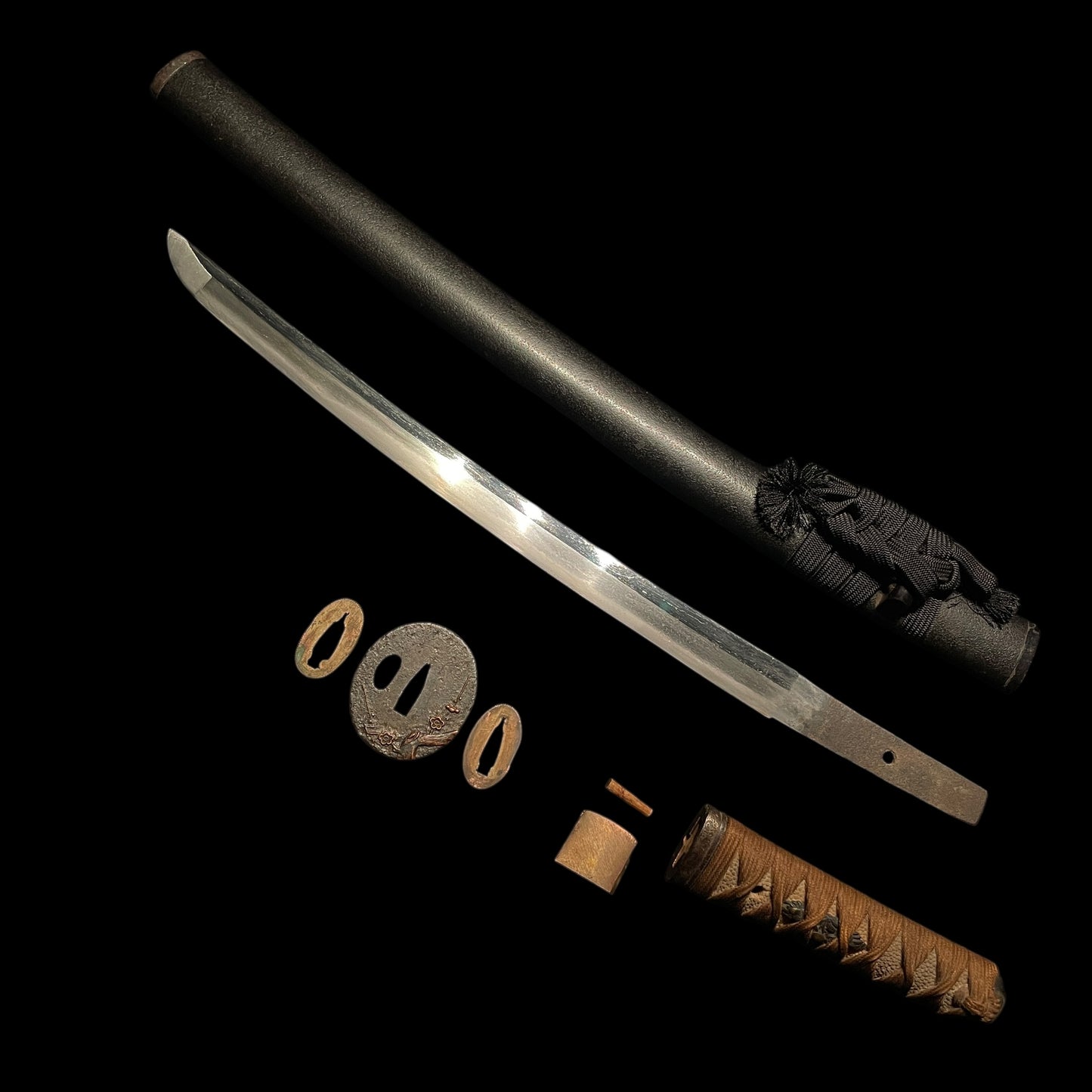 Plum Tsuba Short Wakizashi, Butterfly Fuchi, Edo period mumei