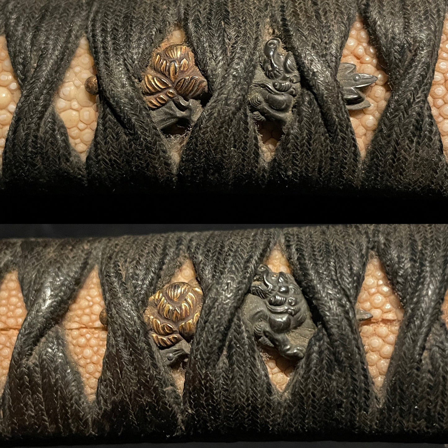 Dragon and Tiger Fuchi 龍虎縁 WAKIZASHI, Botan shishi Menuki 牡丹獅子目貫, Edo period
