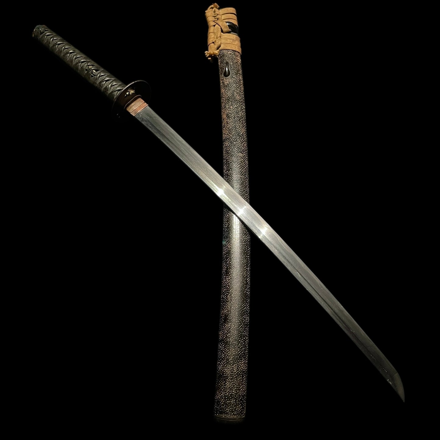 Long WAKIZASHI, Spider Web Kojiri, Signed Tosho TSUBA, Rayskin Scabbard