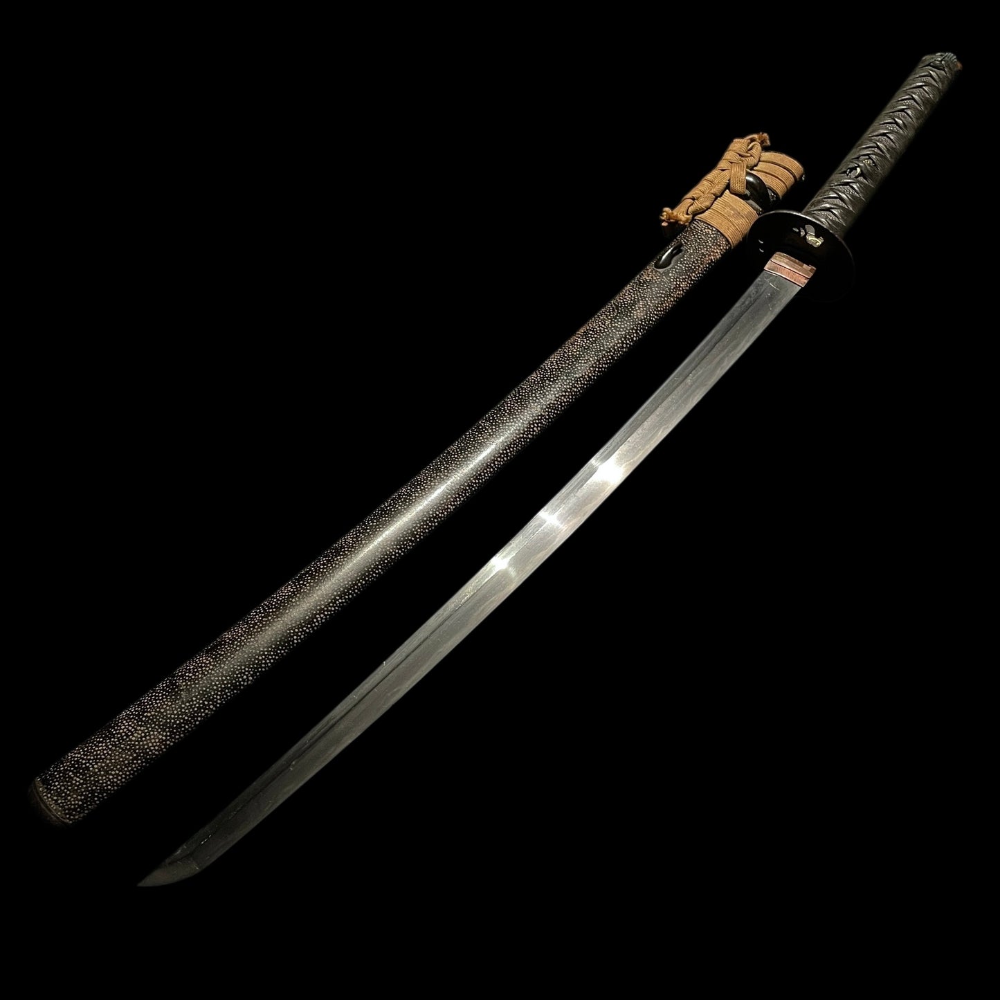 Long WAKIZASHI, Spider Web Kojiri, Signed Tosho TSUBA, Rayskin Scabbard