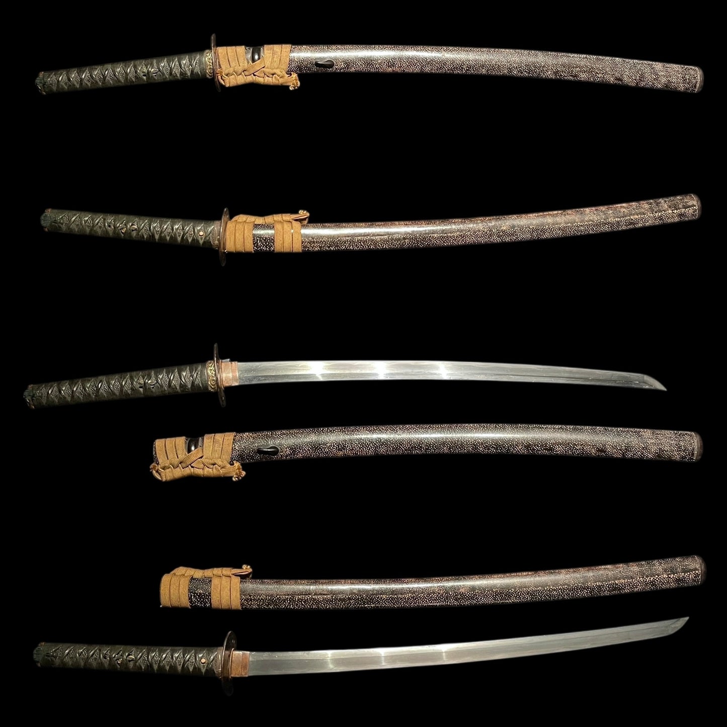 Long WAKIZASHI, Spider Web Kojiri, Signed Tosho TSUBA, Rayskin Scabbard