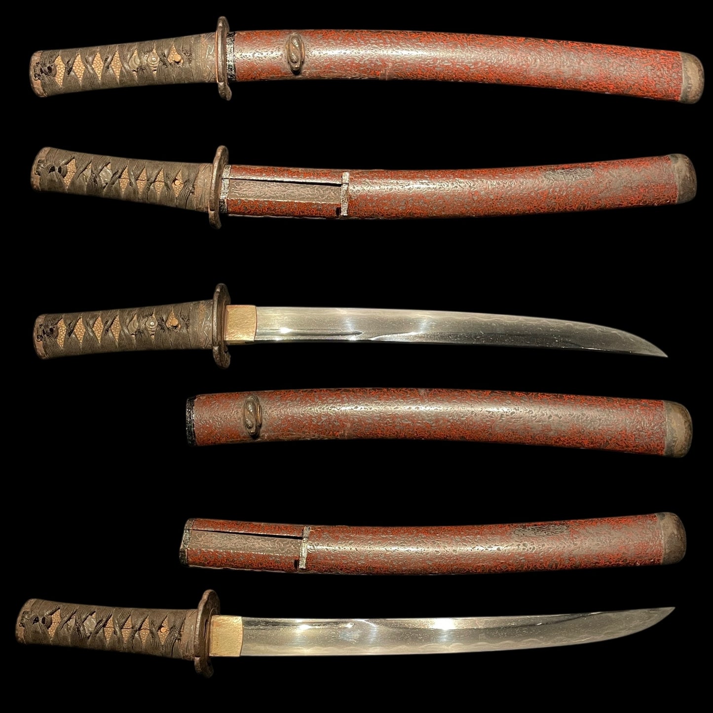 Red Unokubi Tanto, Pine needles Fuchikashira 松葉縁頭, Grasshopper Tsuab 飛蝗鍔