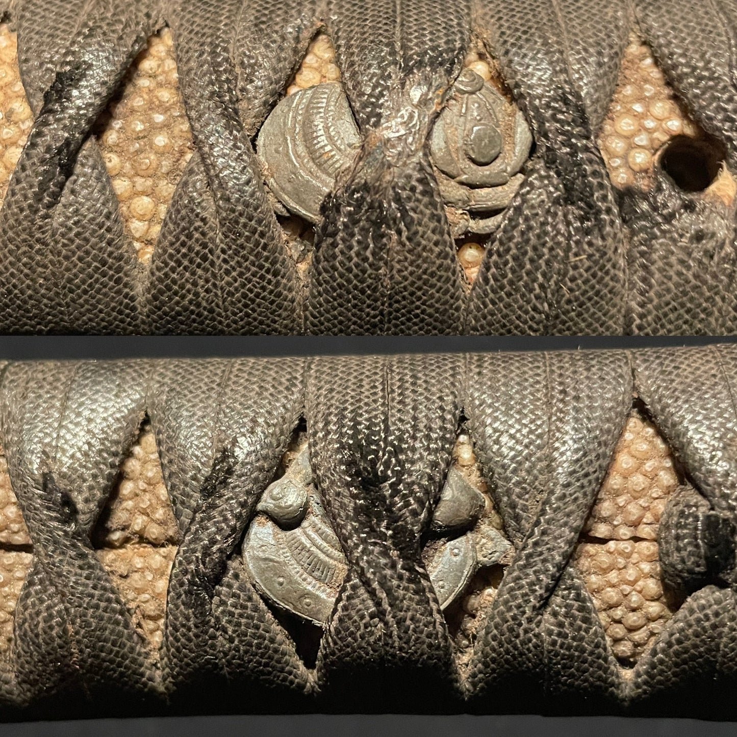 Red Unokubi Tanto, Pine needles Fuchikashira 松葉縁頭, Grasshopper Tsuab 飛蝗鍔