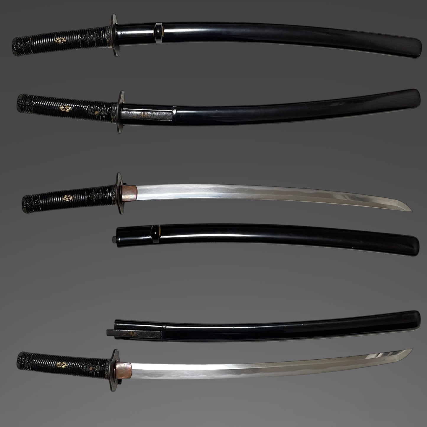 Golden Mt.Fuji Menuki, Black Wakizashi with Kozuka, Edo period mumei