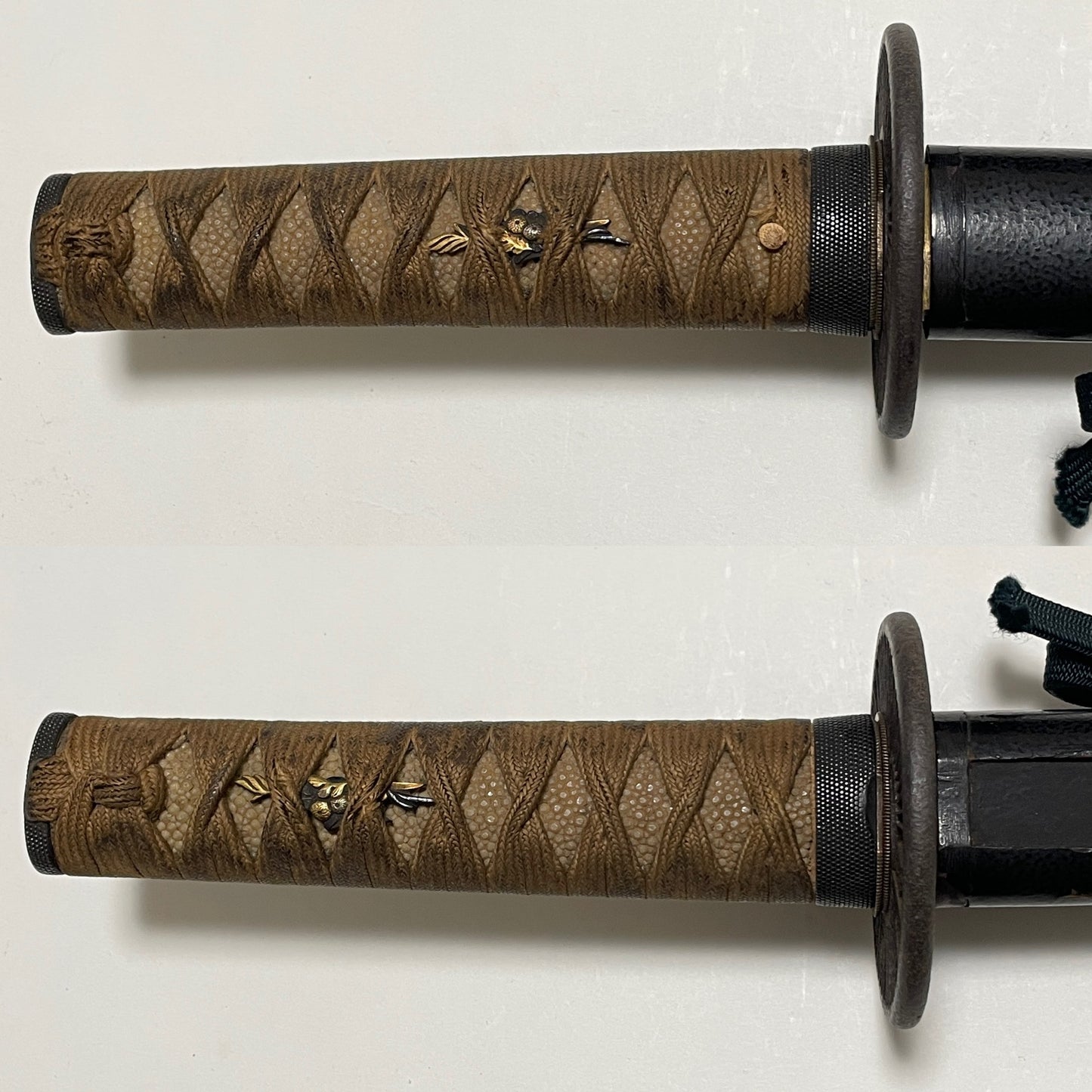 Kyosukashi-Tsuba 京透鍔 Long Wakizashi, Shakudo Nanakoji Fuchikashira 赤銅魚々子地縁頭