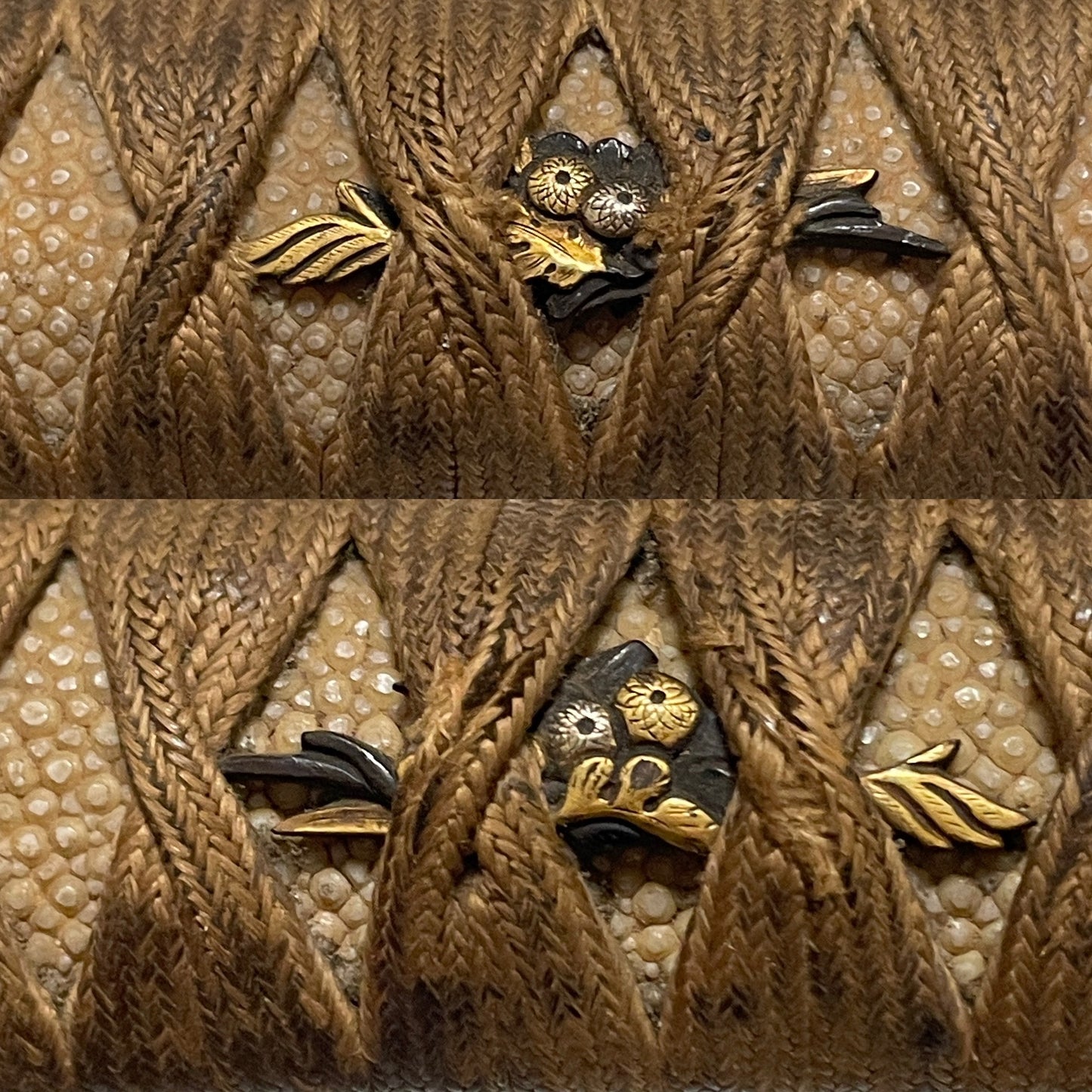 Kyosukashi-Tsuba 京透鍔 Long Wakizashi, Shakudo Nanakoji Fuchikashira 赤銅魚々子地縁頭