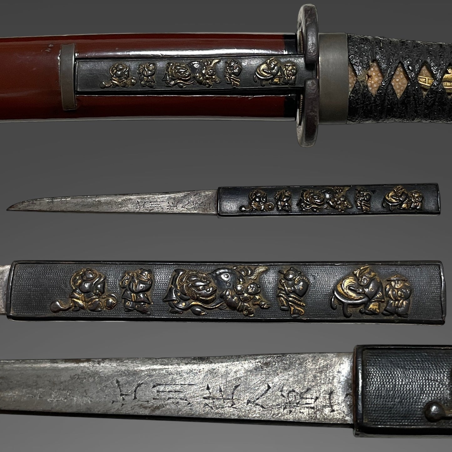 Unokubi-Zukuri Red TANTO, 相州住綱廣 Soshuju Tsunahiro signed, Thick blade, with Kozuka