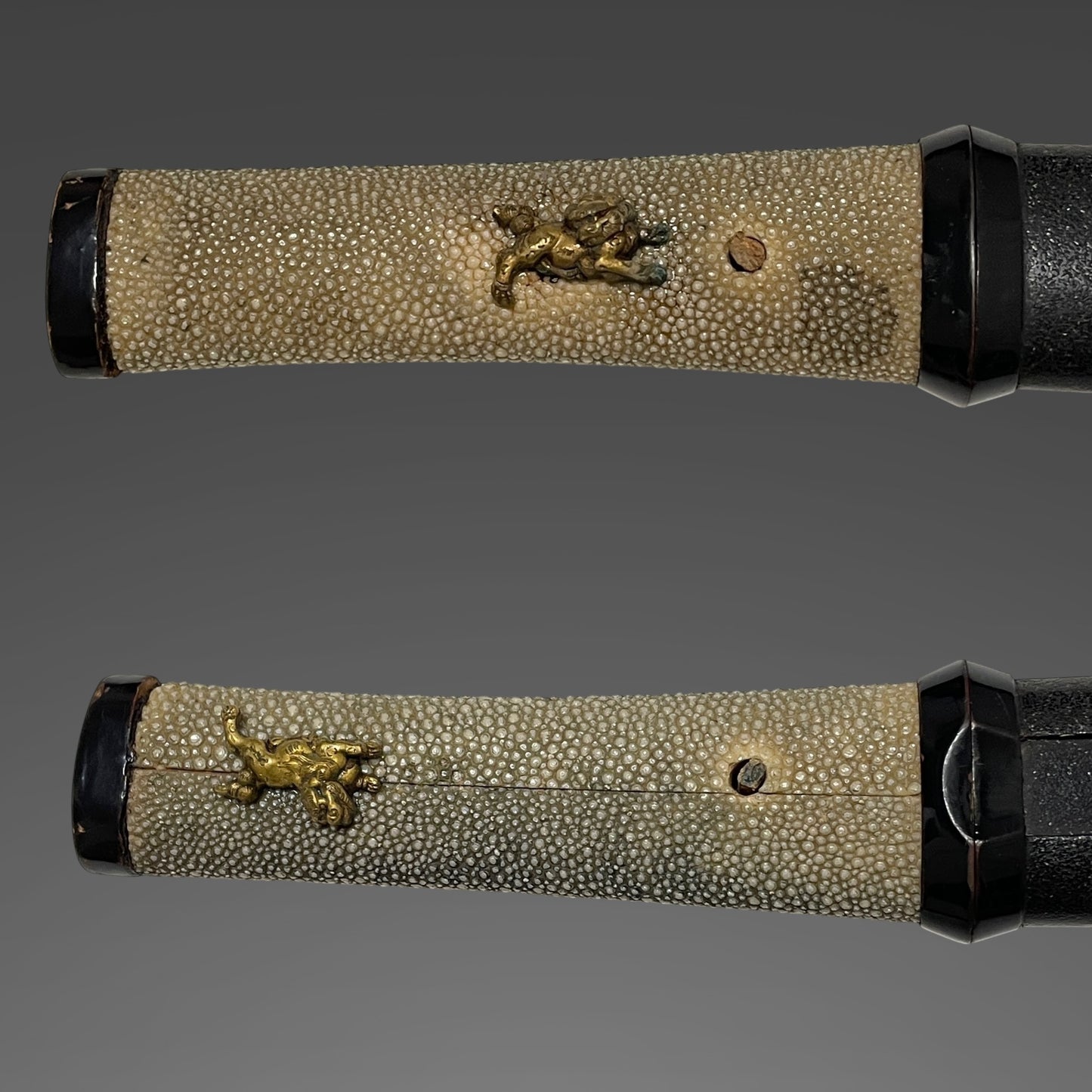 Shobuzukuri Aikuchi Wakizashi 菖蒲造合口脇差, Golden Shishi Menuki, Edo period mumei