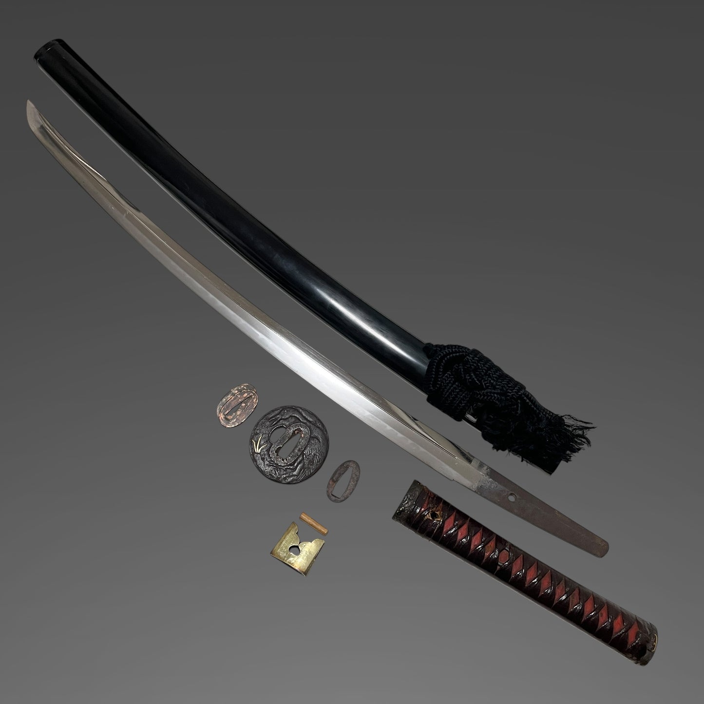 Long Wakizashi, Soebi 添樋, Waterfowl Tsuba, Wave Fuchikashira, Edo period mumei