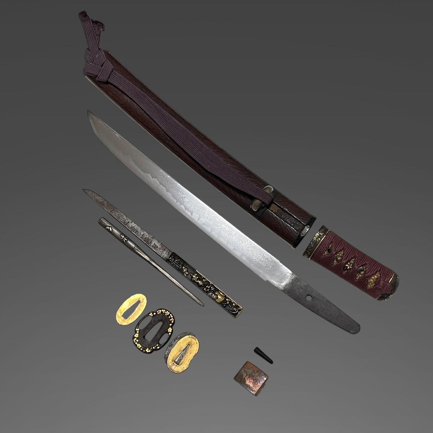 Mito Sukemitsu 水戸祐光 TANTO, 茶変塗鞘短刀拵, with Kozuka and Wari-Kogai, Edo period