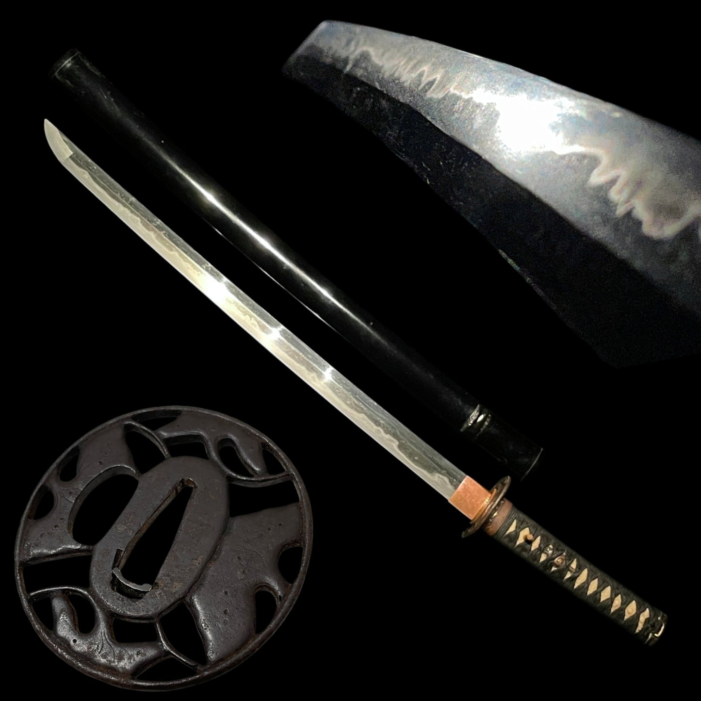 Straight Wakizashi, Ginkgo Tsuba 銀杏鍔, Edo period mumei
