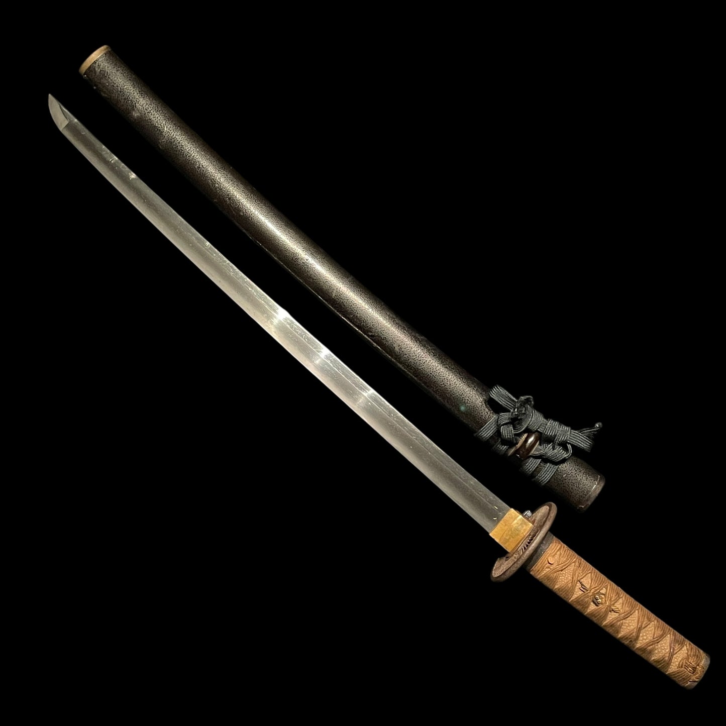 Kyosukashi-Tsuba 京透鍔 Long Wakizashi, Shakudo Nanakoji Fuchikashira 赤銅魚々子地縁頭