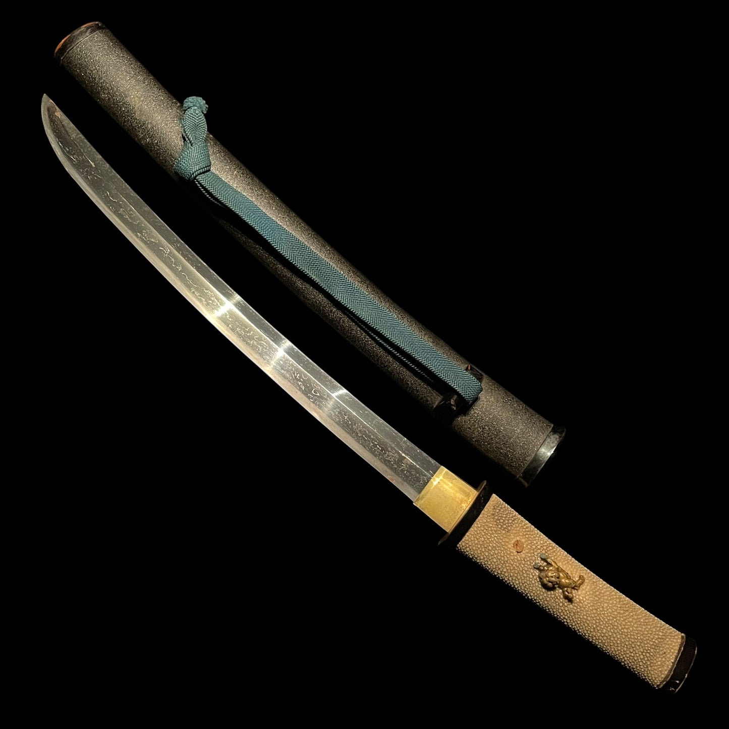 Shobuzukuri Aikuchi Wakizashi 菖蒲造合口脇差, Golden Shishi Menuki, Edo period mumei