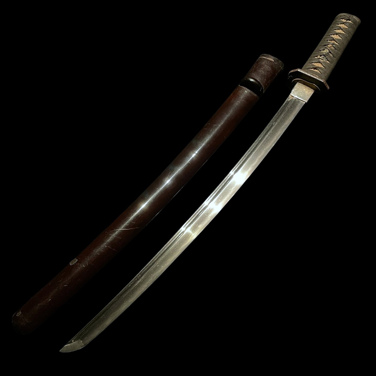 Kakinagashi-Hi 掻き流し樋 Short WAKIZASHI, Plum tsuba and Waterfowl Kozuka