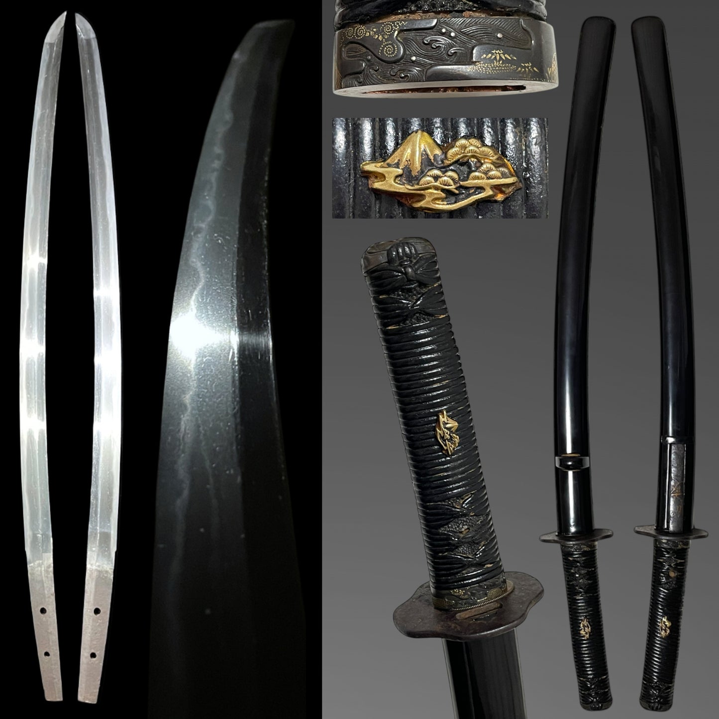 Golden Mt.Fuji Menuki, Black Wakizashi with Kozuka, Edo period mumei