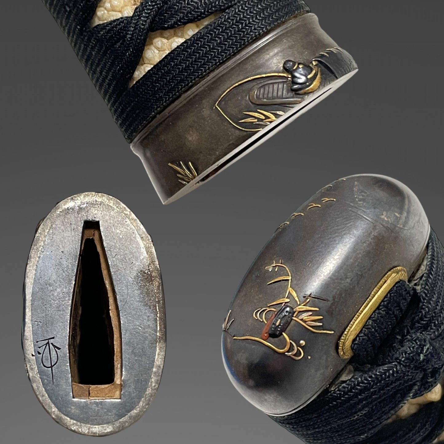 Red Wakizashi Shibuichi Fittings 四分一金具, Signed Fuchi, with Kozuka Kogai,  Edo